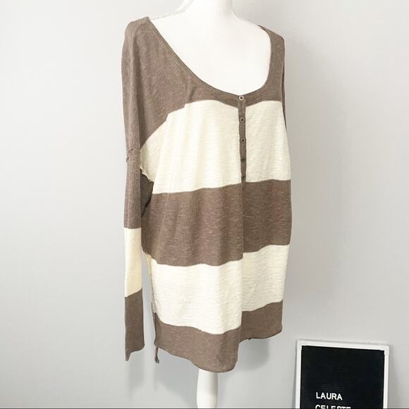Free People beach gold rush Henley striped brown tunic  linen top medium - Picture 4 of 10